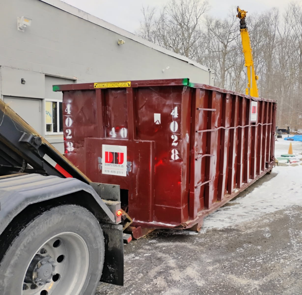 40 Yard Dumpster Rental Delivered in Dighton, MA for Commercial Roofing Project by DRU South